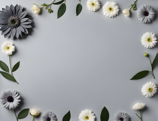 Obraz premium Flowers composition. Frame made of flowers on grey background. Flat lay, top view, copy space