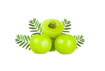 Fresh Amla (Indian gooseberry) fruits with cut in half and leaves isolated on white background