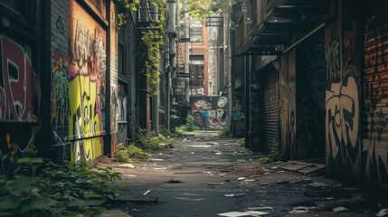 Fototapeta premium Dark vintage urban alley back yard with graffiti