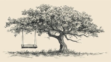 The swing is hanging from a large tree in the middle of a field