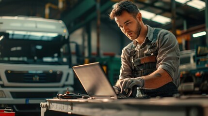Professional mechanic using laptop while working at truck repair workshop.