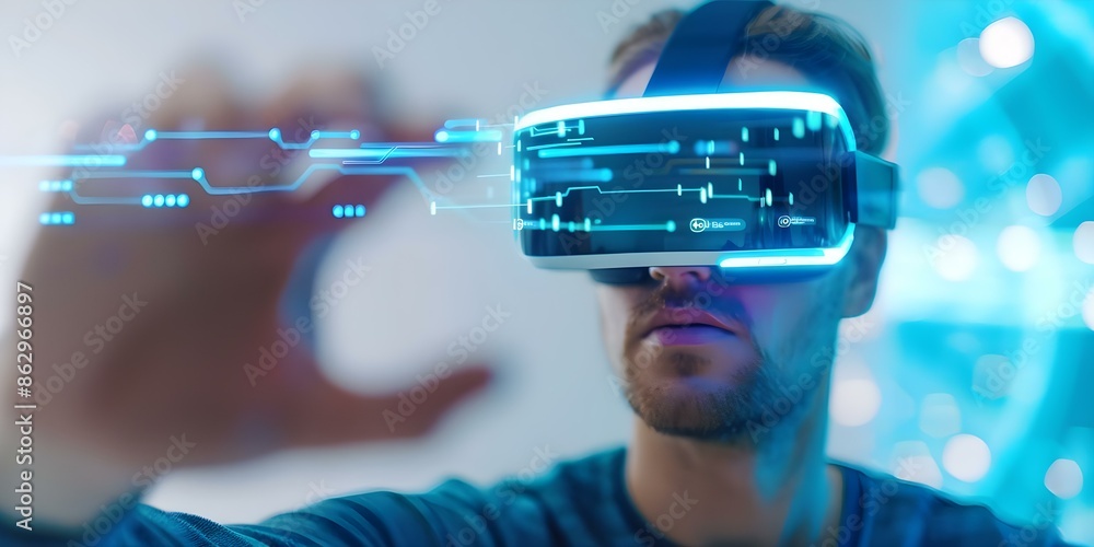 Poster man uses virtual screen to showcase network connectivity in futuristic metaverse. concept futuristic