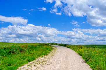 Blue sky with cumulus clouds over country road in field flowers. Rural landscape with perspective.