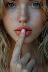 Fototapeta premium Whispering Secrets: A Woman's Finger Pressed Against Her Lip in a 'Shh' Gesture of Silence, Embracing Intimate Quietude and Discretion.