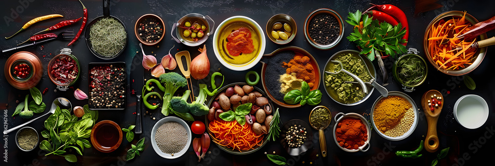 Wall mural culinary flat lay of ingredients, utensils and dishes arranged in a flat arrangement. 