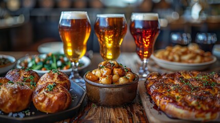 Fototapeta premium Beer and food pairing, featuring gourmet dishes alongside complementary brews.