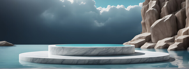  Podium water background product display scene 3d marble stand stone summer platform. Mockup background water beauty white podium rock space cosmetic stage blue presentation nature light pool black 