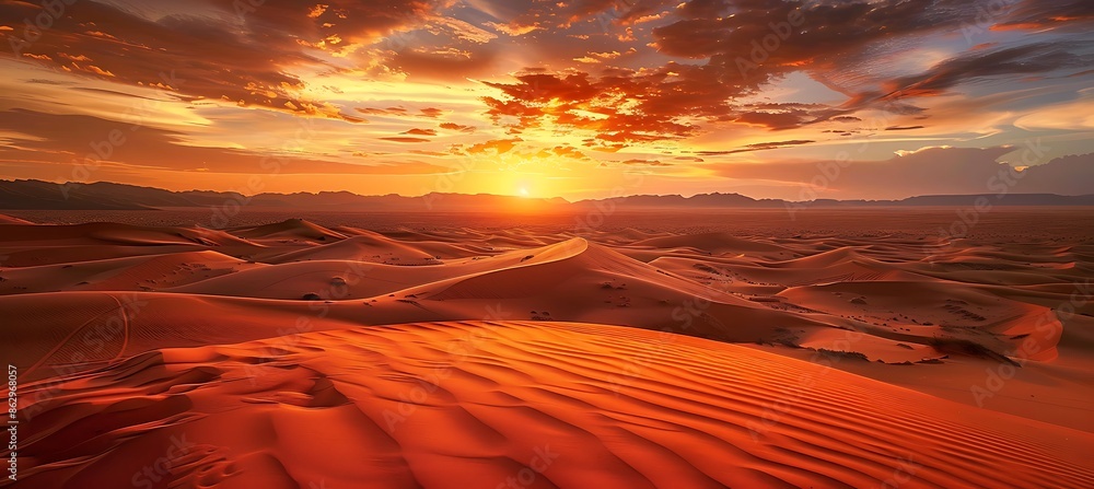 Wall mural Vast expanse of the Sahara Desert at sunrise the sand dunes glowing orange and red