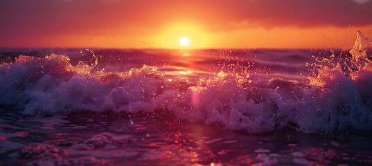 Waves crashing against rocky shoreline at sunset the water glowing orange and pink