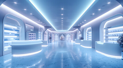 Futuristic pharmacy interior with sleek white shelves, illuminated blue lighting, and a modern minimalist design