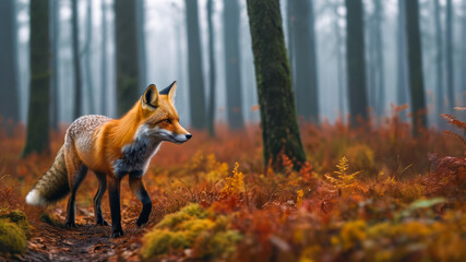 Fototapeta premium Fox prowls misty forest over cloudy landscape