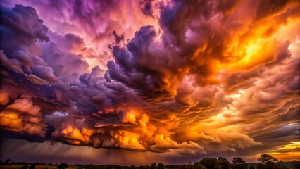 Dramatic purple and orange sky with whimsical, high-resolution clouds, ominous storm clouds gathering, and an eerie, fantastical atmosphere devoid of humanity.