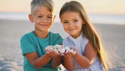 Dzieci zbierające muszelki na plaży