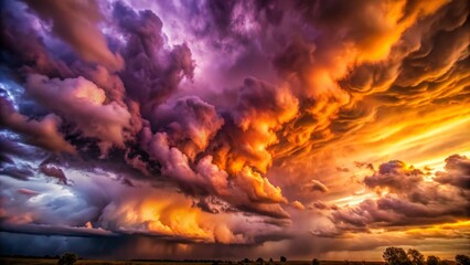 Dramatic purple and orange sky with whimsical, high-resolution clouds, ominous storm clouds gathering, and an eerie, fantastical atmosphere devoid of humanity.