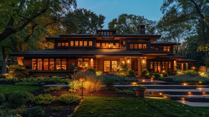 A nighttime shot of a large craftsman house with exterior lights highlighting its beautiful...
