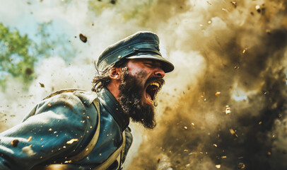 Obraz premium Heroic soldier charging through explosions