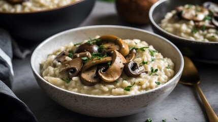 Close up view of appetizing mushroom risotto. 