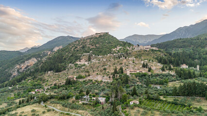 Obraz premium Aerial panoramic view of Sparta city with Taygetus mountains and ancient ruins remains in Peloponnese, Greece