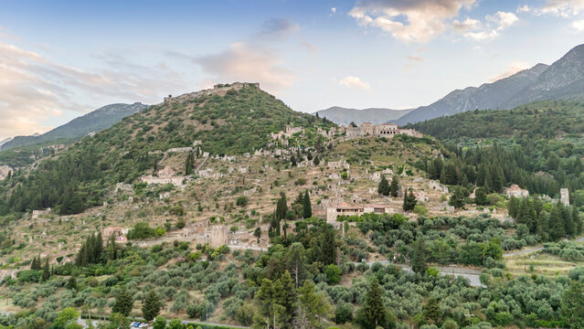 Aerial panoramic view of Sparta city with Taygetus mountains and ancient ruins remains in Peloponnese, Greece