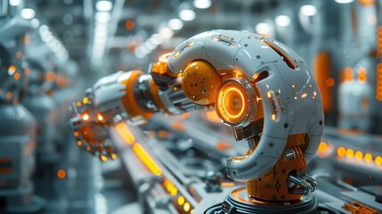 Fototapeta premium Industrial Robotic Arm With Glowing Orange Lights In A Futuristic Factory