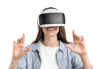 Smiling woman using virtual reality headset on white background