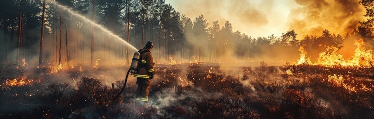 Naklejka premium Firefighter Battling Wildfire in Dense Forest During Daytime