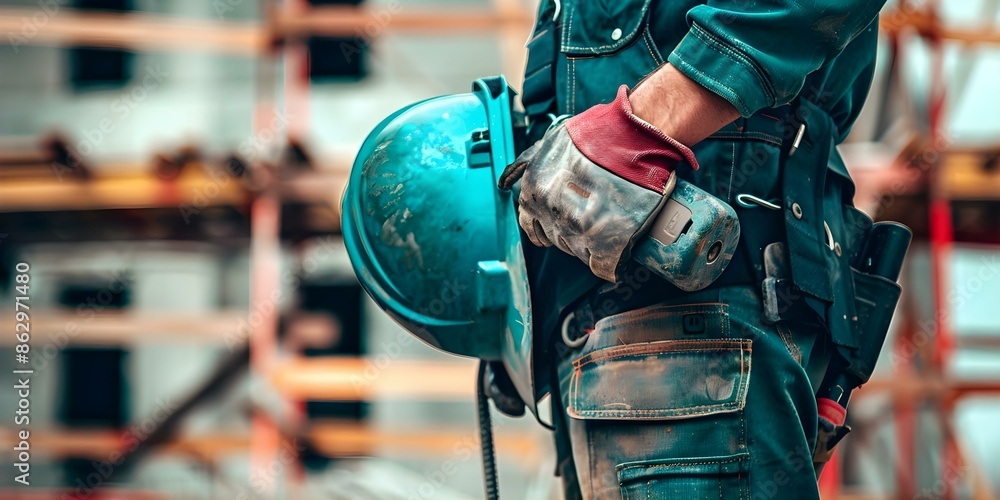 Aufkleber construction worker following safety protocols while using power tools at work. concept construction