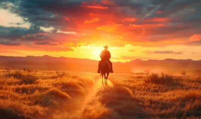 Fototapeta premium A cowboy is riding off into sunset