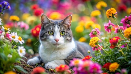 Adorable grey and white cat lying amidst vibrant colorful flowers and lush greenery, creating a serene and peaceful atmosphere perfect for wallpaper.