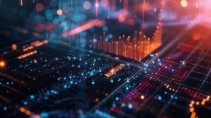 Obraz premium A futuristic digital interface with glowing data points, graphs, and charts. The image features a vibrant mix of blue and orange colors, representing data analysis and technology.