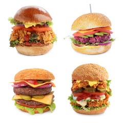 Different delicious burgers isolated on white, set