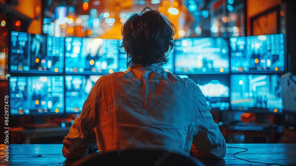 Poster man working at night in front of multiple monitors