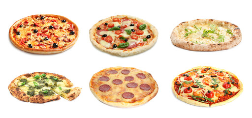 Different tasty pizzas isolated on white, collection