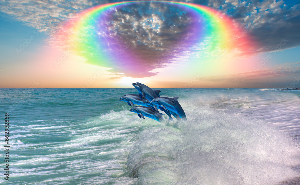 Wall mural Group of dolphins jumping up from the sea amazing sunset in the background with rounde rainbow - Wall murals