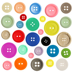 Many different buttons isolated on white. Sewing accessory