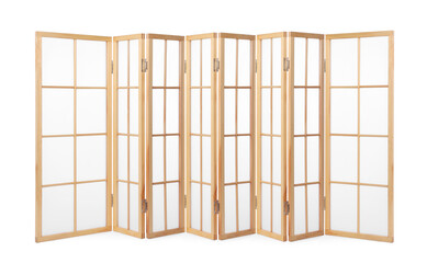 Wooden folding screen isolated on white. Stylish furniture