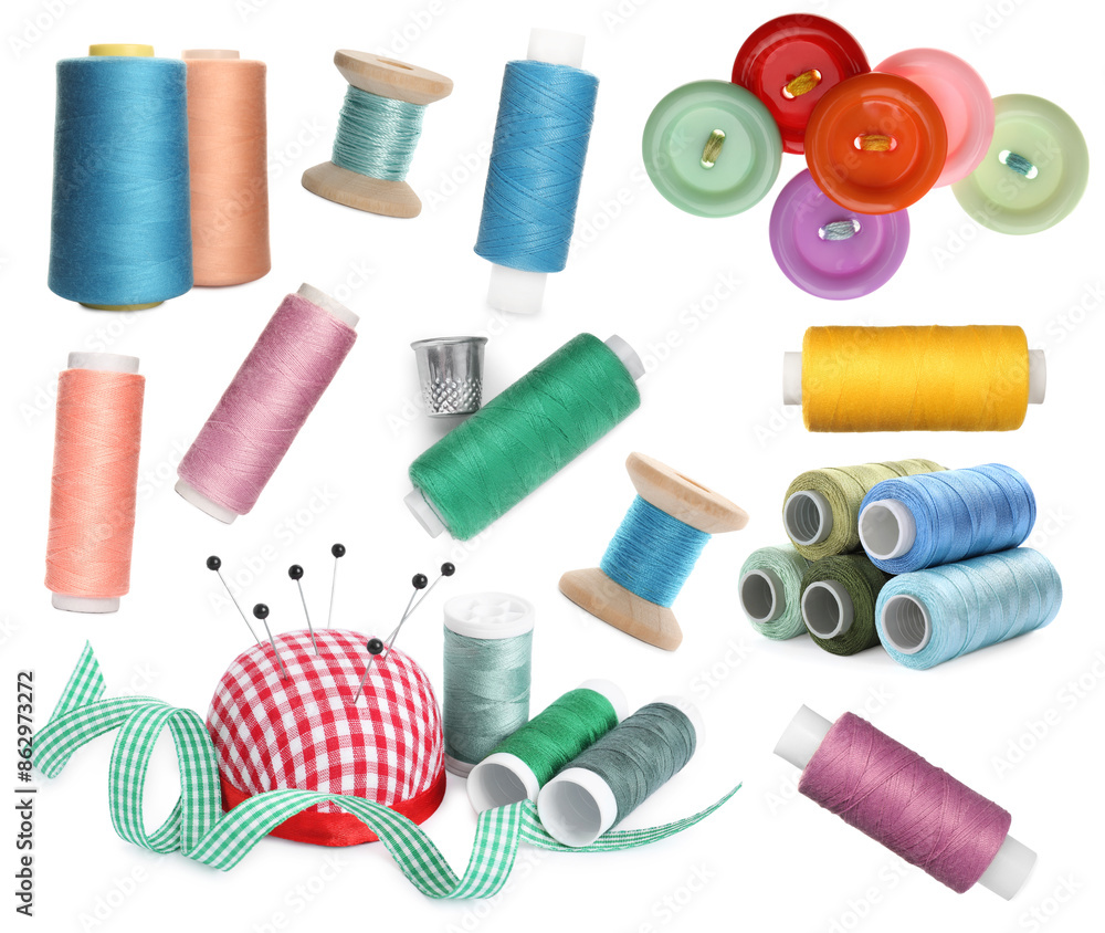 Poster Set with different sewing stuff isolated on white