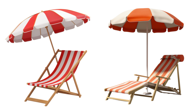 beach chair and sun umbrella with red and white striped canvas isolated on transparent background