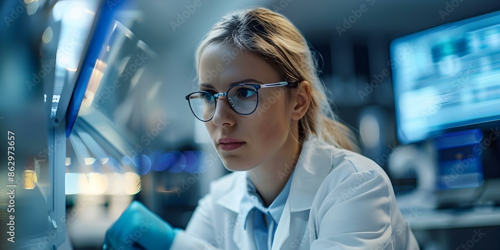 Poster researchers' focus transforms to awe as they analyze data on screen. concept research data analysis,