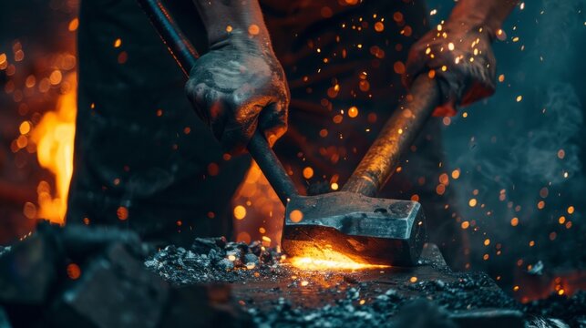Close-up working powerful hands of male blacksmith forge an iron product in a blacksmith.