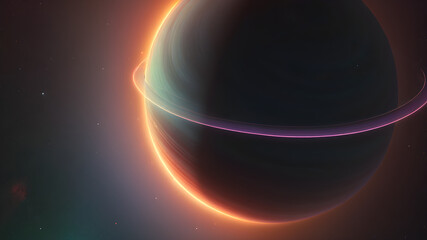 An illustration of an exoplanet with rings, orbiting a distant star. The scene is otherworldly and features colorful gases and a star-filled background