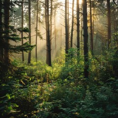 Obraz premium A forest with trees and sunlight shining through the leaves