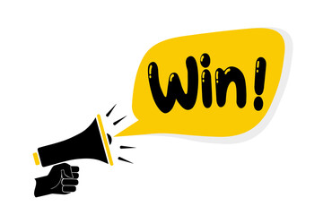 win text on Symbolic speech bubbles and megaphone, business concept