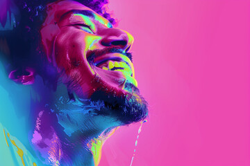 man laughing , in the style of photo-realistic compositions, neon pop, close up, warmcore, emotive faces, photo-realistic hyperbole, in the style of magenta, contemporary candy-coated, high gloss, vib