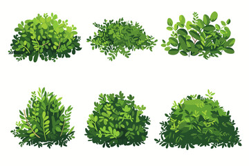 Obraz premium Set of vector bush illustrations on a white background. Green flat bushes on white background. Green grass vector set. Shrub bush shrubbery tree simple abstract. Eco element, foliage, stylized ecology