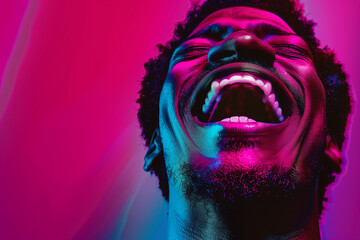 man laughing , in the style of photo-realistic compositions, neon pop, close up, warmcore, emotive faces, photo-realistic hyperbole, in the style of magenta, contemporary candy-coated, high gloss, vib