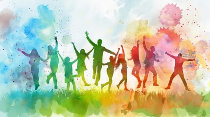 Team of leaders celebrating successful community projects, lively environment, watercolor style