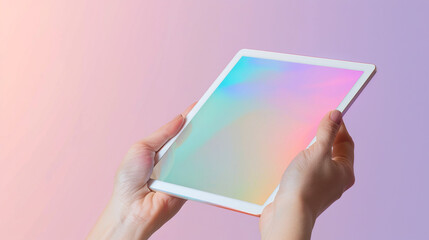 Hand holding holographic tablet. 