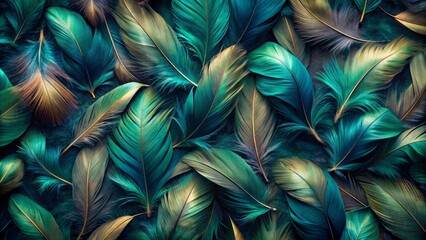 Intricate dark green and blue feather pattern texture background featuring an elegant, mesmerizing design, perfect for modern, sophisticated, and luxurious visual projects and designs.