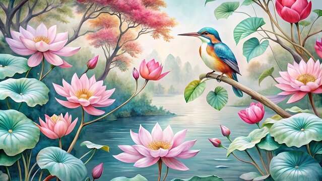 Vibrant pink watercolor wallpaper features a serene landscape of blooming lotus flowers alongside a picturesque kingfisher perched on a delicate branch, exuding tranquility.